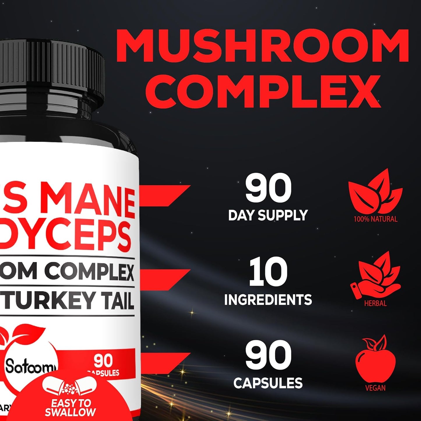 10in1 Cordyceps Mushroom Supplement - Enhanced with Lions Mane, Turkey Tail, Reishi & More - 90 Capsules, 90 Servings
