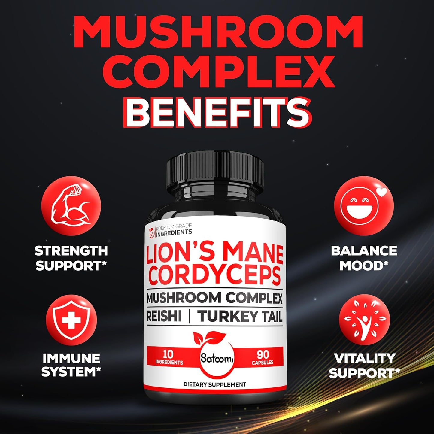 10in1 Cordyceps Mushroom Supplement - Enhanced with Lions Mane, Turkey Tail, Reishi & More - 90 Capsules, 90 Servings