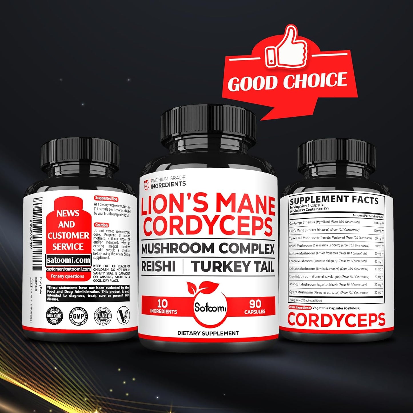 10in1 Cordyceps Mushroom Supplement - Enhanced with Lions Mane, Turkey Tail, Reishi & More - 90 Capsules, 90 Servings