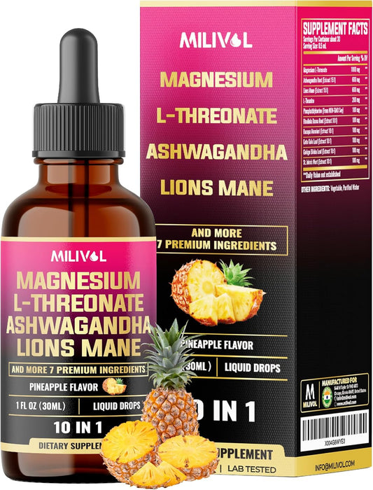 10in1 Magnesium L-Threonate Liquid Drops with Ashwagandha, Lions Mane & 7 Herbals - 1 Fl Oz - Pineapple Flavor