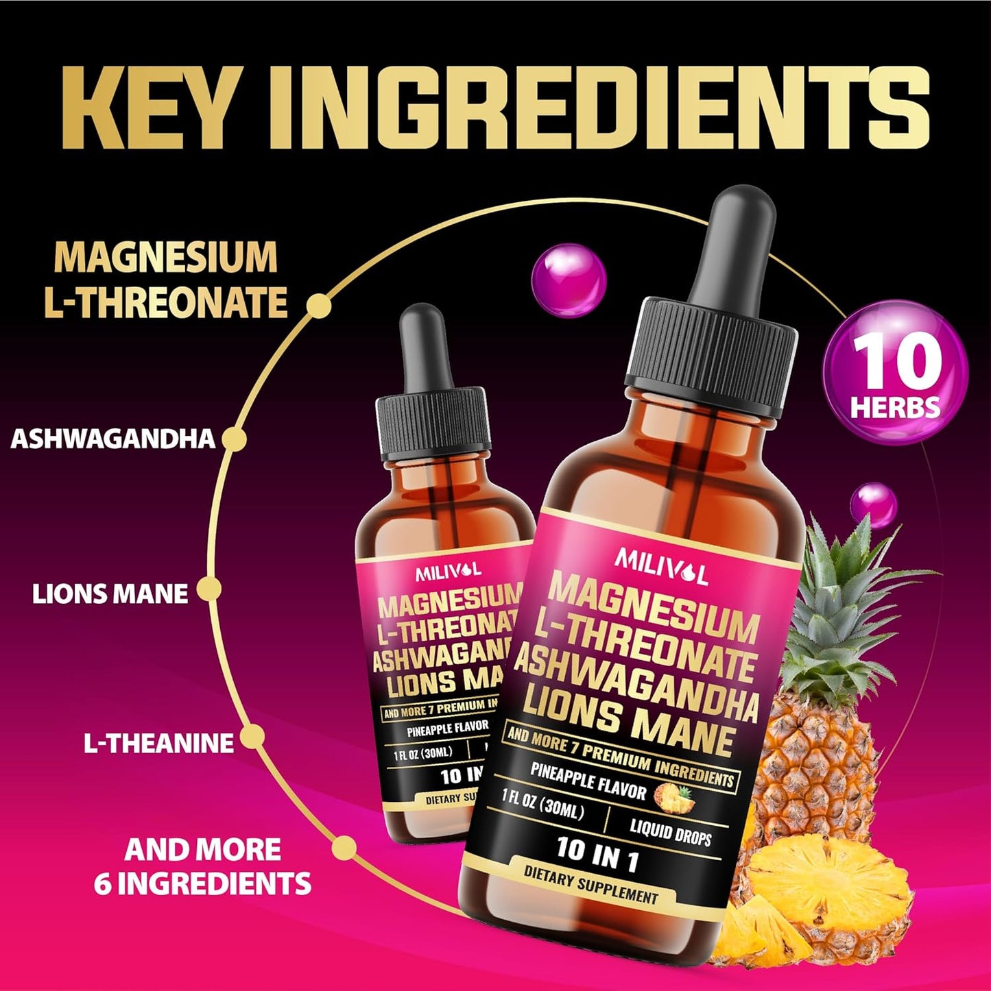 10in1 Magnesium L-Threonate Liquid Drops with Ashwagandha, Lions Mane & 7 Herbals - 1 Fl Oz - Pineapple Flavor