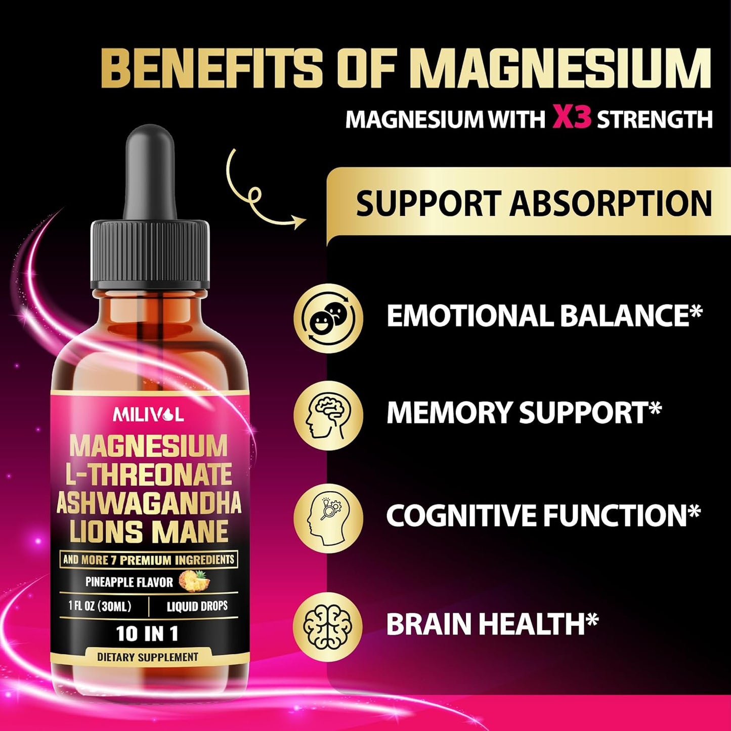 10in1 Magnesium L-Threonate Liquid Drops with Ashwagandha, Lions Mane & 7 Herbals - 1 Fl Oz - Pineapple Flavor