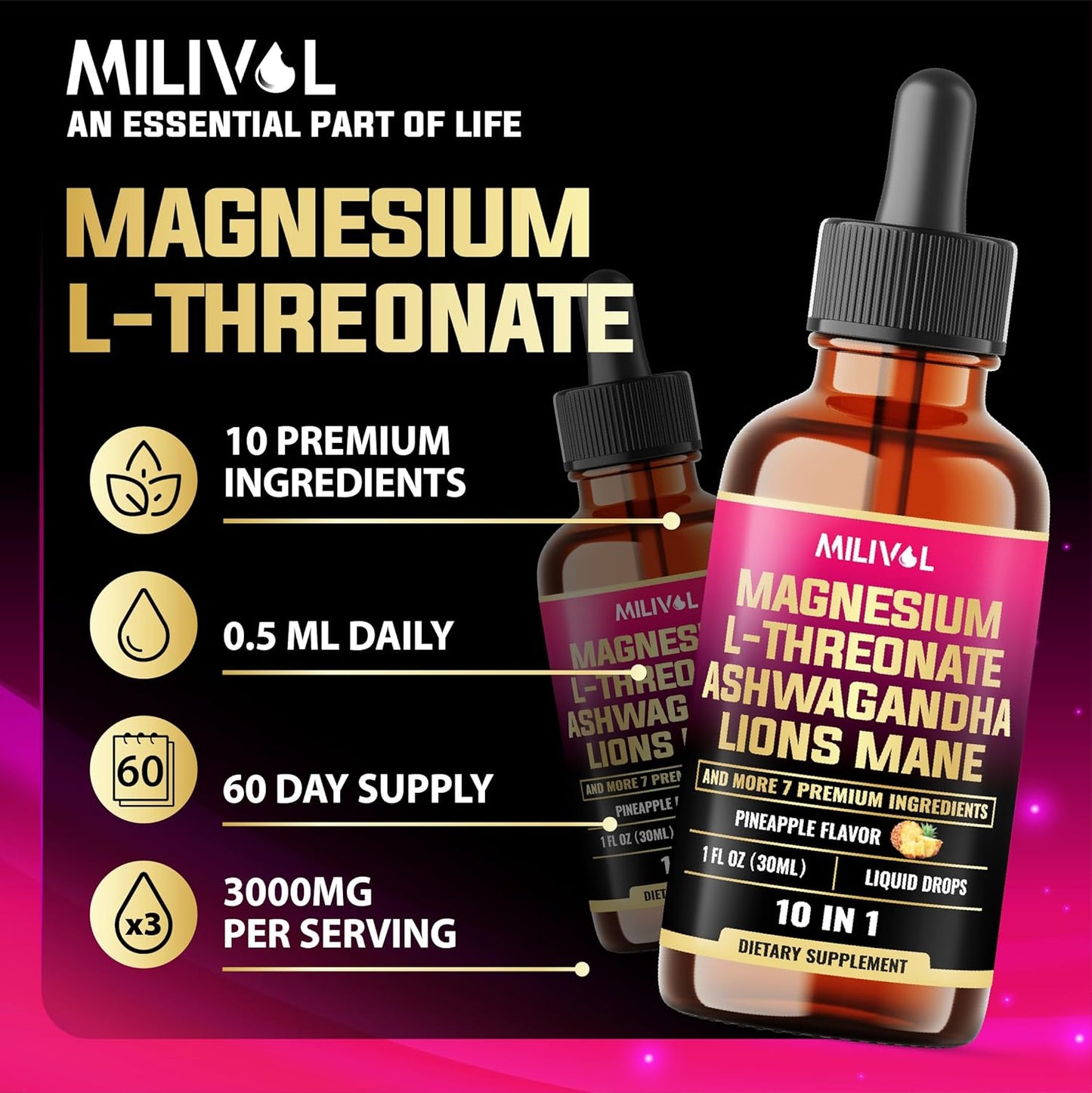 10in1 Magnesium L-Threonate Liquid Drops with Ashwagandha, Lions Mane & 7 Herbals - 1 Fl Oz - Pineapple Flavor