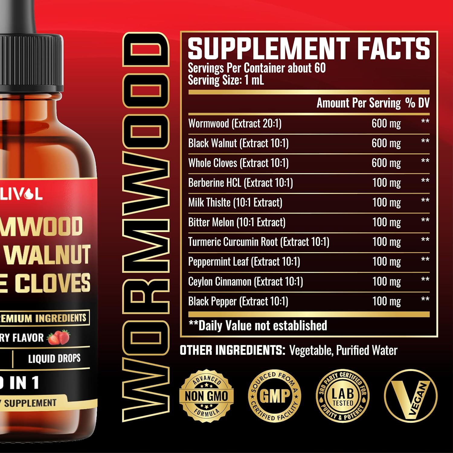 10in1 Wormwood Liquid Drops with Black Walnut, Cloves & More - Digestive & Immune Support - 2 Fl Oz