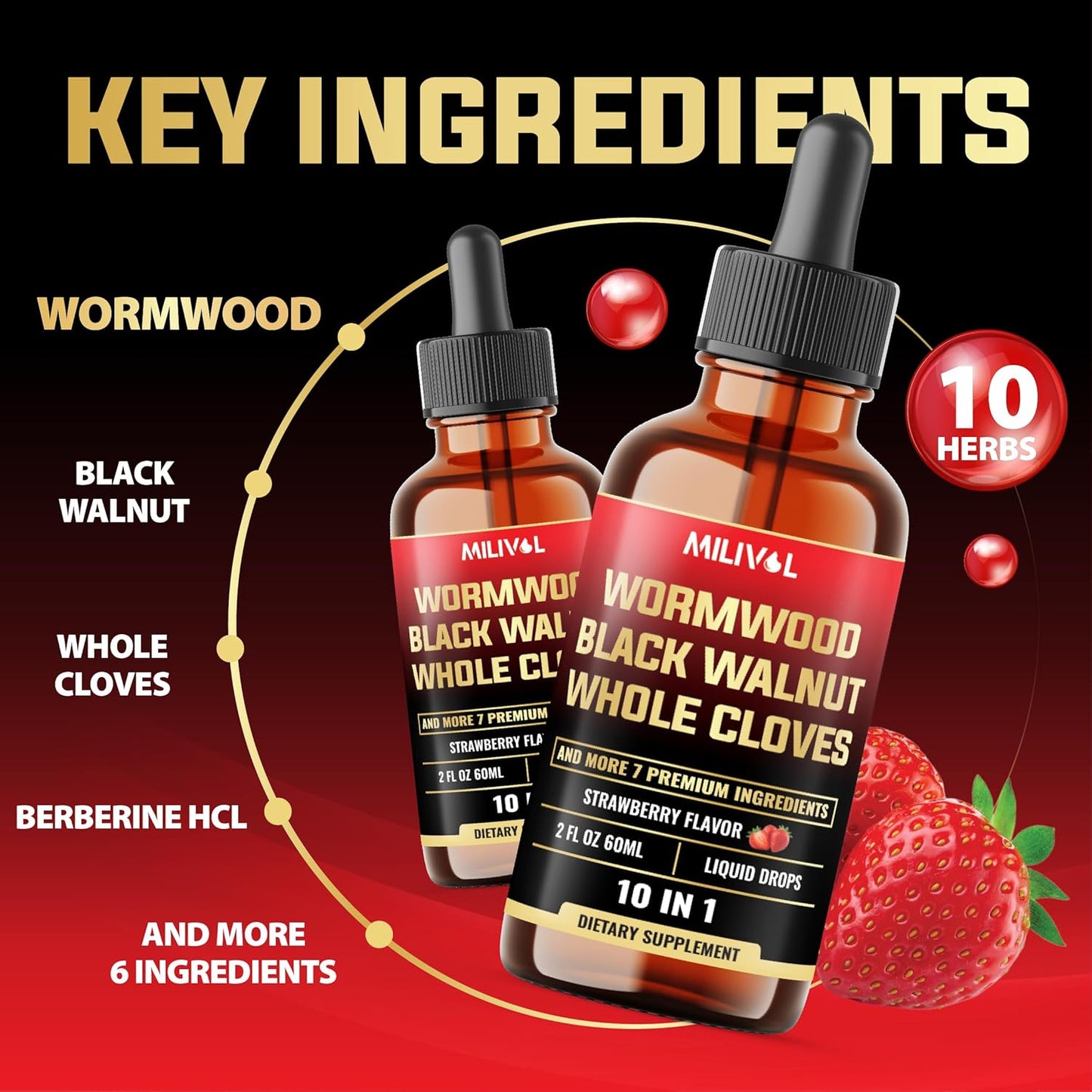 10in1 Wormwood Liquid Drops with Black Walnut, Cloves & More - Digestive & Immune Support - 2 Fl Oz
