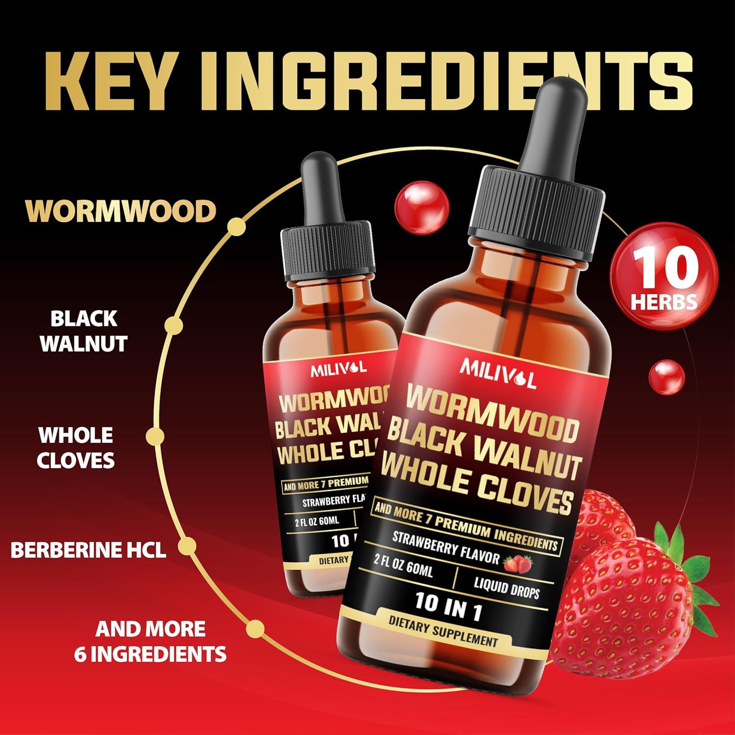 10in1 Wormwood Liquid Drops with Black Walnut, Cloves & More - Digestive & Immune Support - 2 Fl Oz