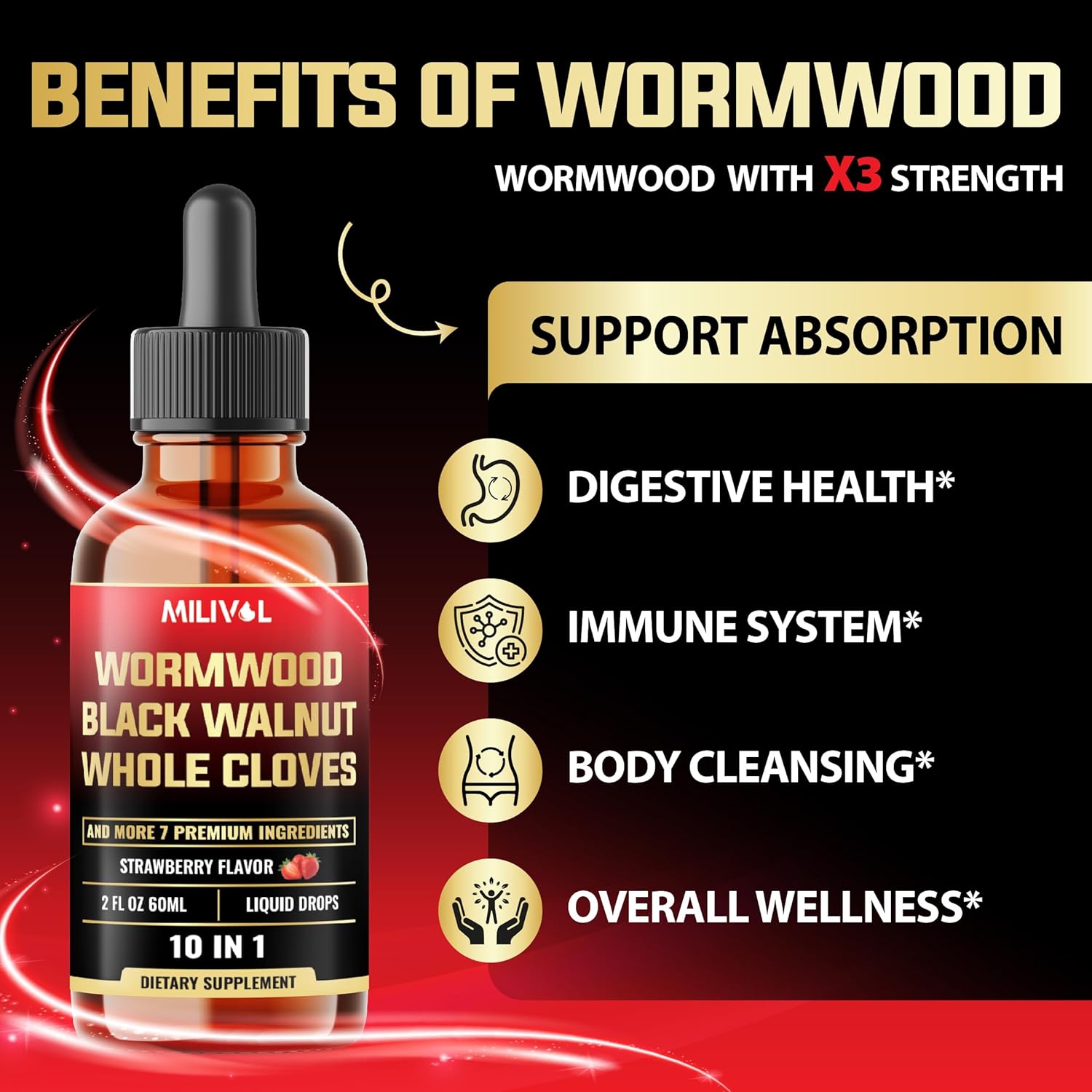 10in1 Wormwood Liquid Drops with Black Walnut, Cloves & More - Digestive & Immune Support - 2 Fl Oz