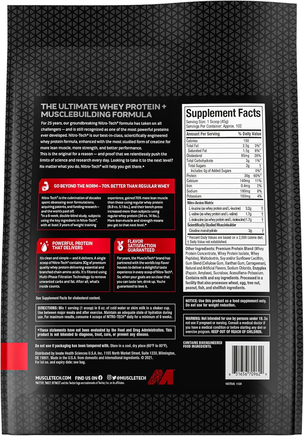 10lb Muscletech Vanilla Cream Whey Protein Powder - Nitro-Tech Formula with Whey Isolate, Peptides, 30g Protein, 3g Creatine, 6.8g BCAA