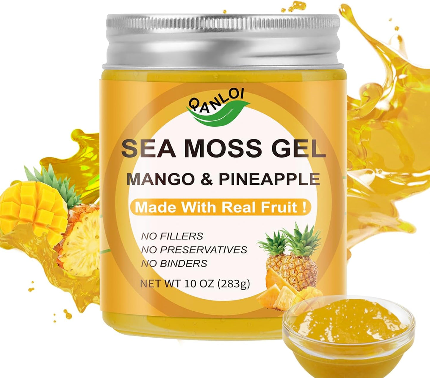 10oz QANLOI Wildcrafted Organic Sea Moss Gel with Real Fresh Mango Pineapple Fruit - Gluten-Free, Vegan, Non-GMO Superfood