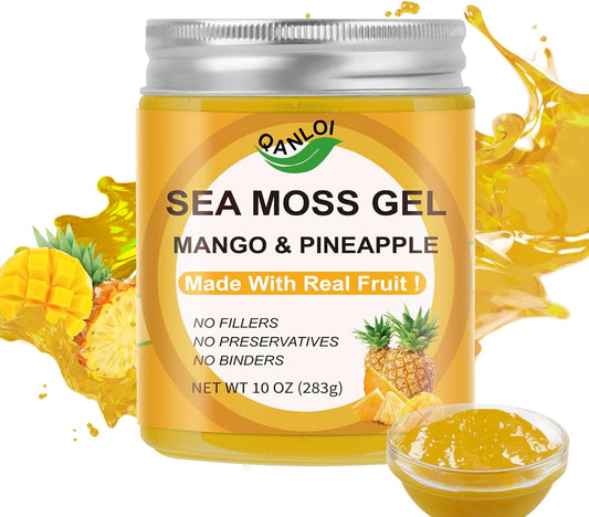 10oz QANLOI Wildcrafted Organic Sea Moss Gel with Real Fresh Mango Pineapple Fruit - Gluten-Free, Vegan, Non-GMO Superfood