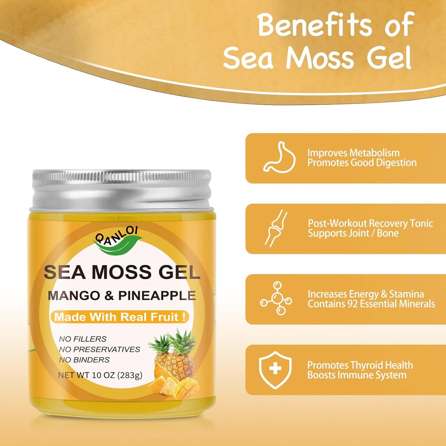 10oz QANLOI Wildcrafted Organic Sea Moss Gel with Real Fresh Mango Pineapple Fruit - Gluten-Free, Vegan, Non-GMO Superfood