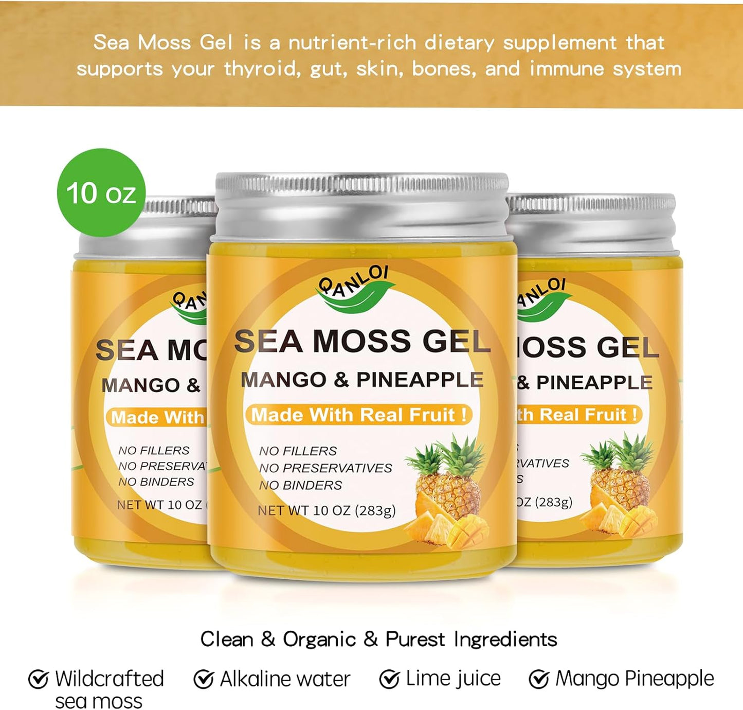 10oz QANLOI Wildcrafted Organic Sea Moss Gel with Real Fresh Mango Pineapple Fruit - Gluten-Free, Vegan, Non-GMO Superfood