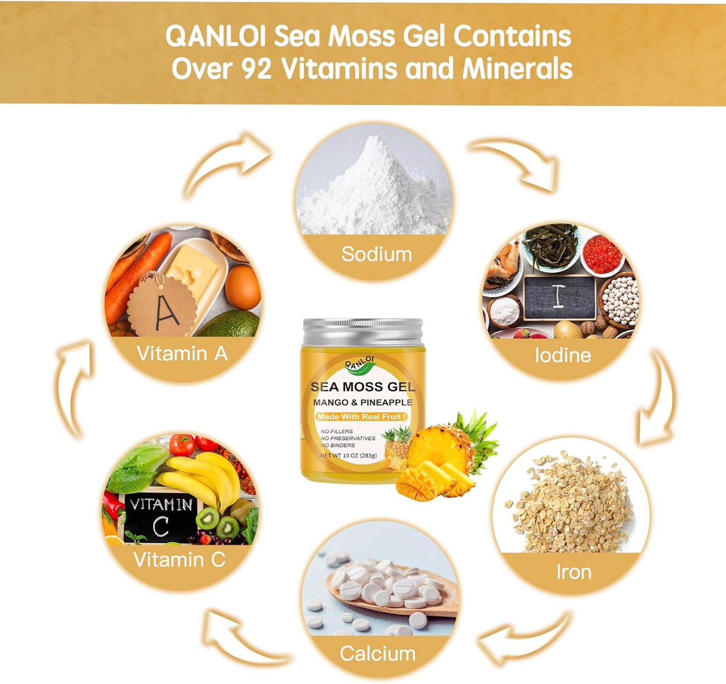 10oz QANLOI Wildcrafted Organic Sea Moss Gel with Real Fresh Mango Pineapple Fruit - Gluten-Free, Vegan, Non-GMO Superfood