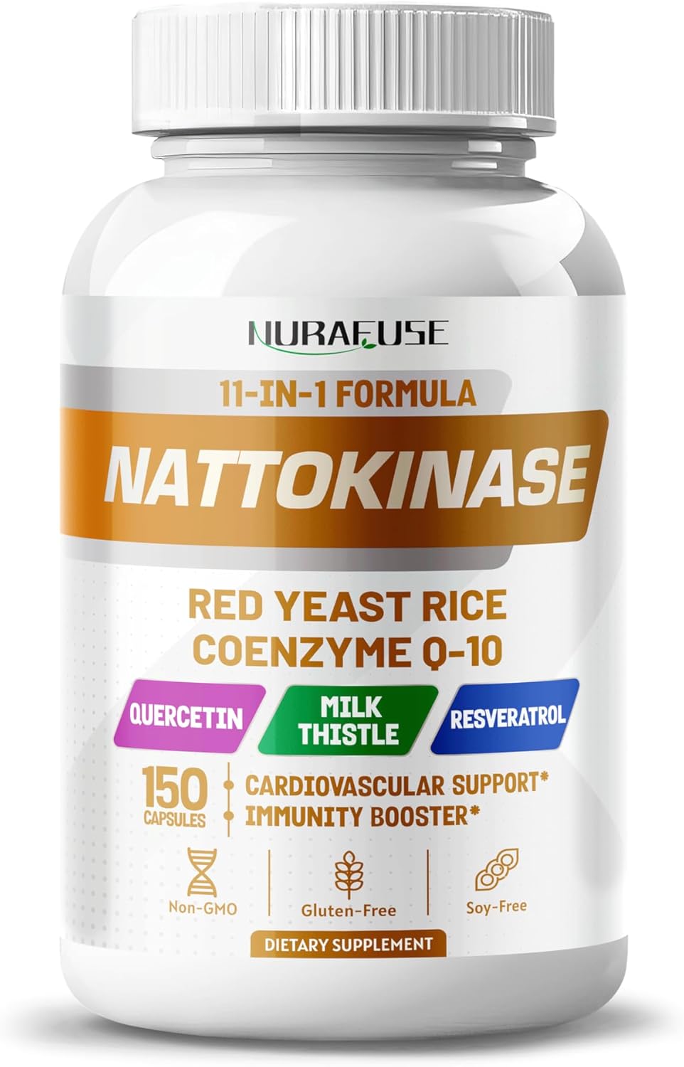 11-in-1 Nattokinase Supplement with Red Yeast Rice, Coenzyme Q-10, Quercetin, Milk Thistle, Resveratrol - Non-GMO, Gluten-Free, Soy-Free Formula