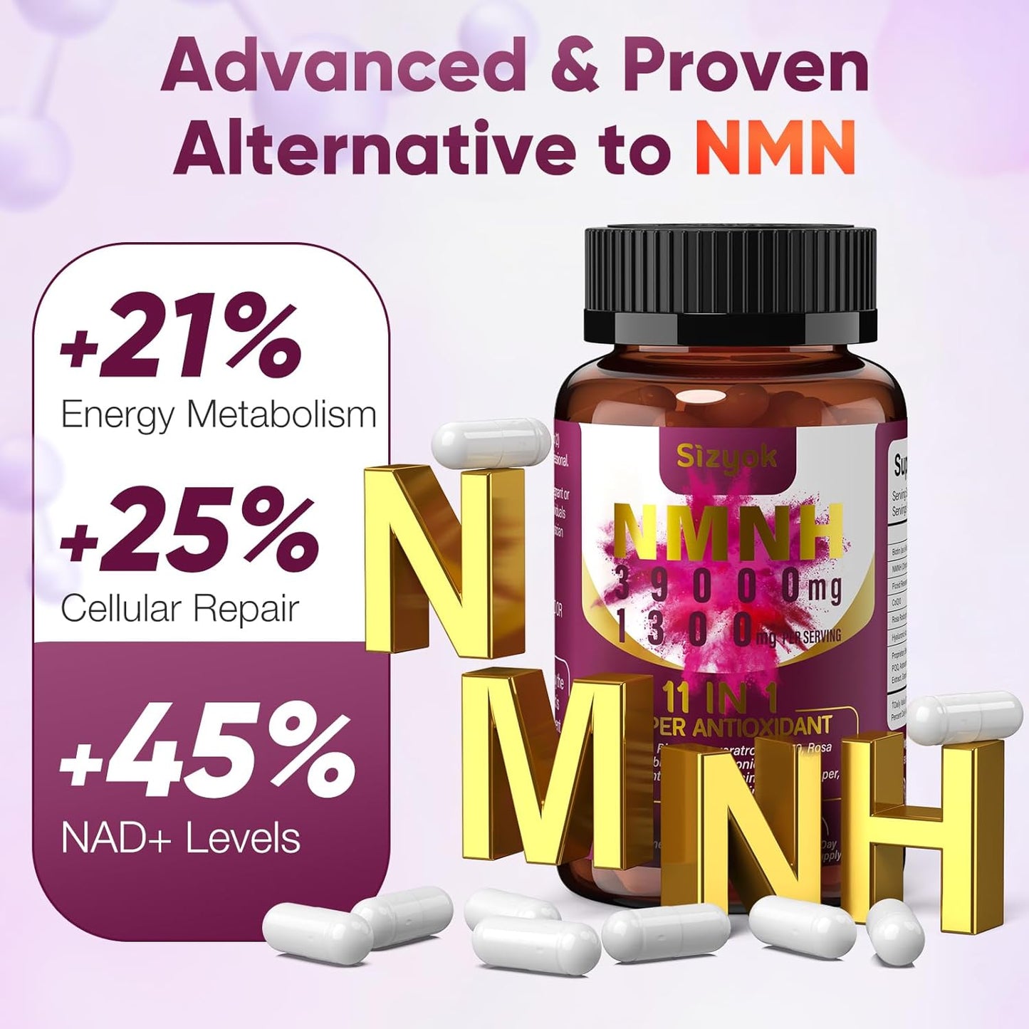11-in-1 NMNH NAD+ Supplement with Resveratrol & CoQ10, 600mg, Anti-Aging Support, 60 Count