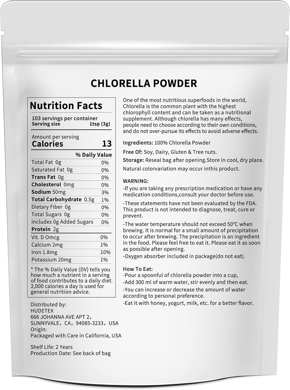 11 oz Hudetex Chlorella Powder: Natural Chlorophyll Powder, Supports Immune System & Liver, Youthful Vegan Protein & Vitamins