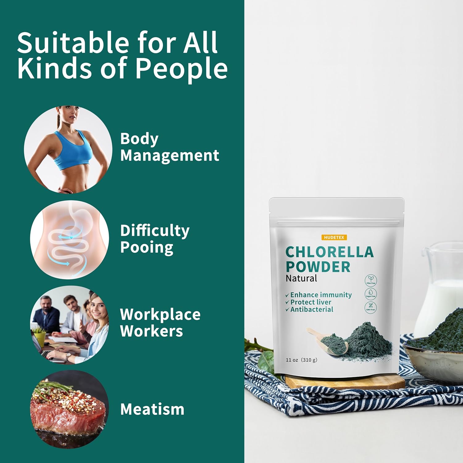 11 oz Hudetex Chlorella Powder: Natural Chlorophyll Powder, Supports Immune System & Liver, Youthful Vegan Protein & Vitamins