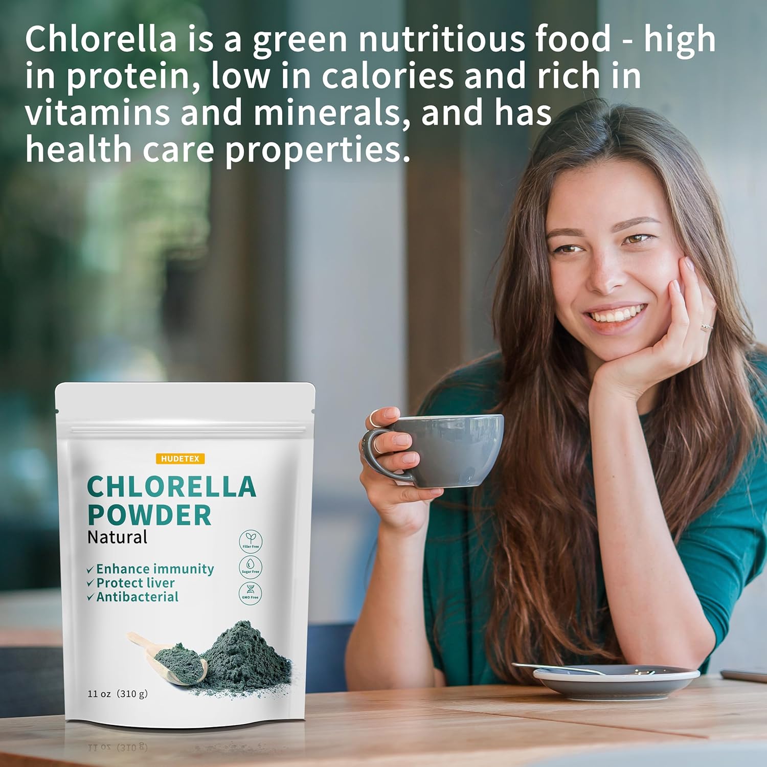 11 oz Hudetex Chlorella Powder: Natural Chlorophyll Powder, Supports Immune System & Liver, Youthful Vegan Protein & Vitamins
