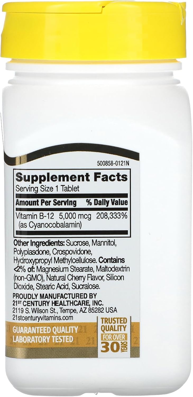 110 Cherry Flavored B-12 5000 mcg Sublingual Tablets for 21st Century - 110 Count