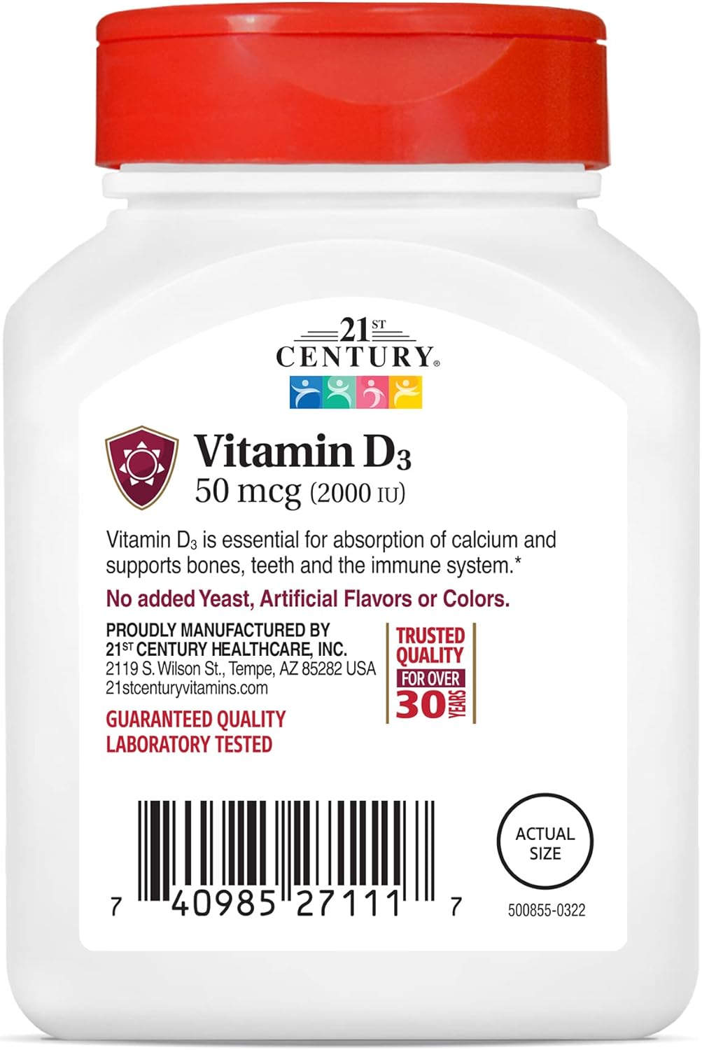 110 Count 21st Century D3 2000 IU Tablets for Daily Vitamin D Support