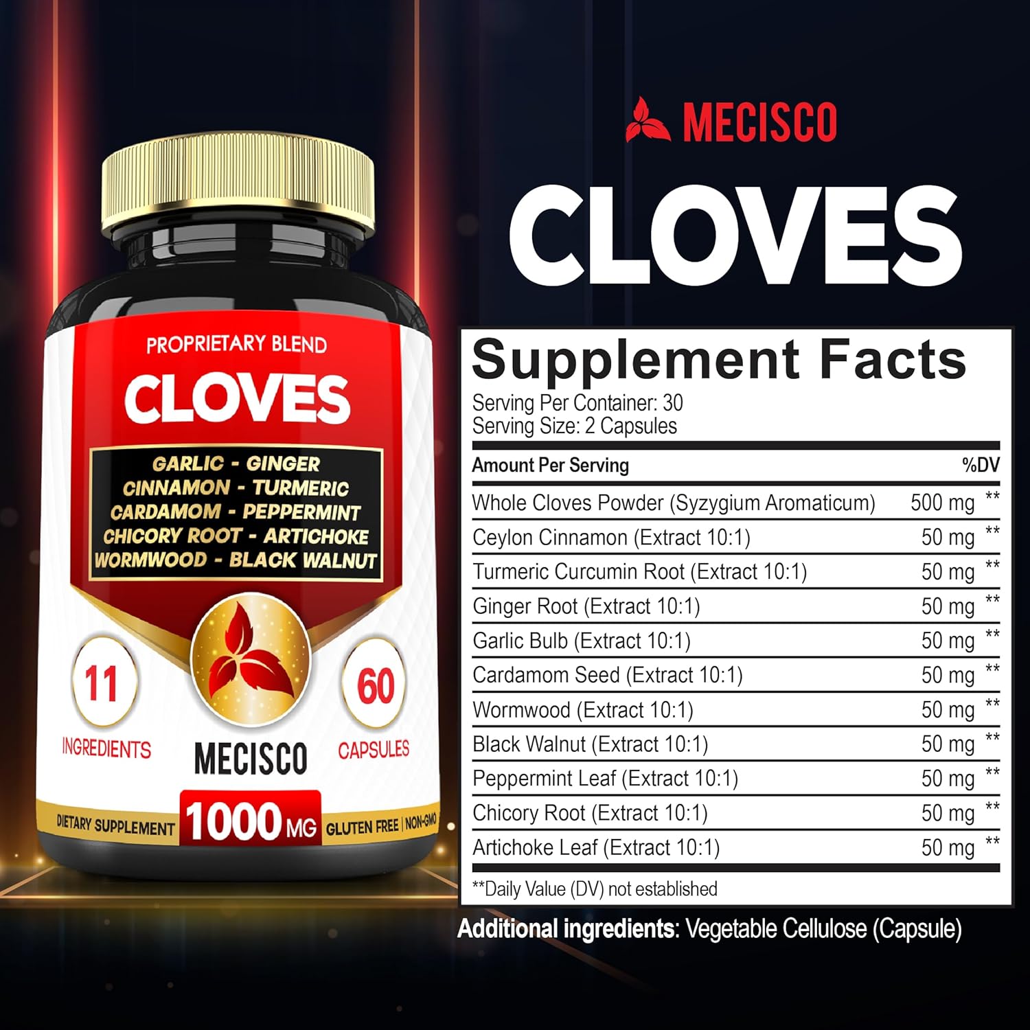 11in1 Clove Supplement with Cinnamon, Turmeric, Ginger, Cardamom, Garlic, Wormwood, Black Walnut - 60 Capsules for Digestive, Immune, Bone & Heart Health