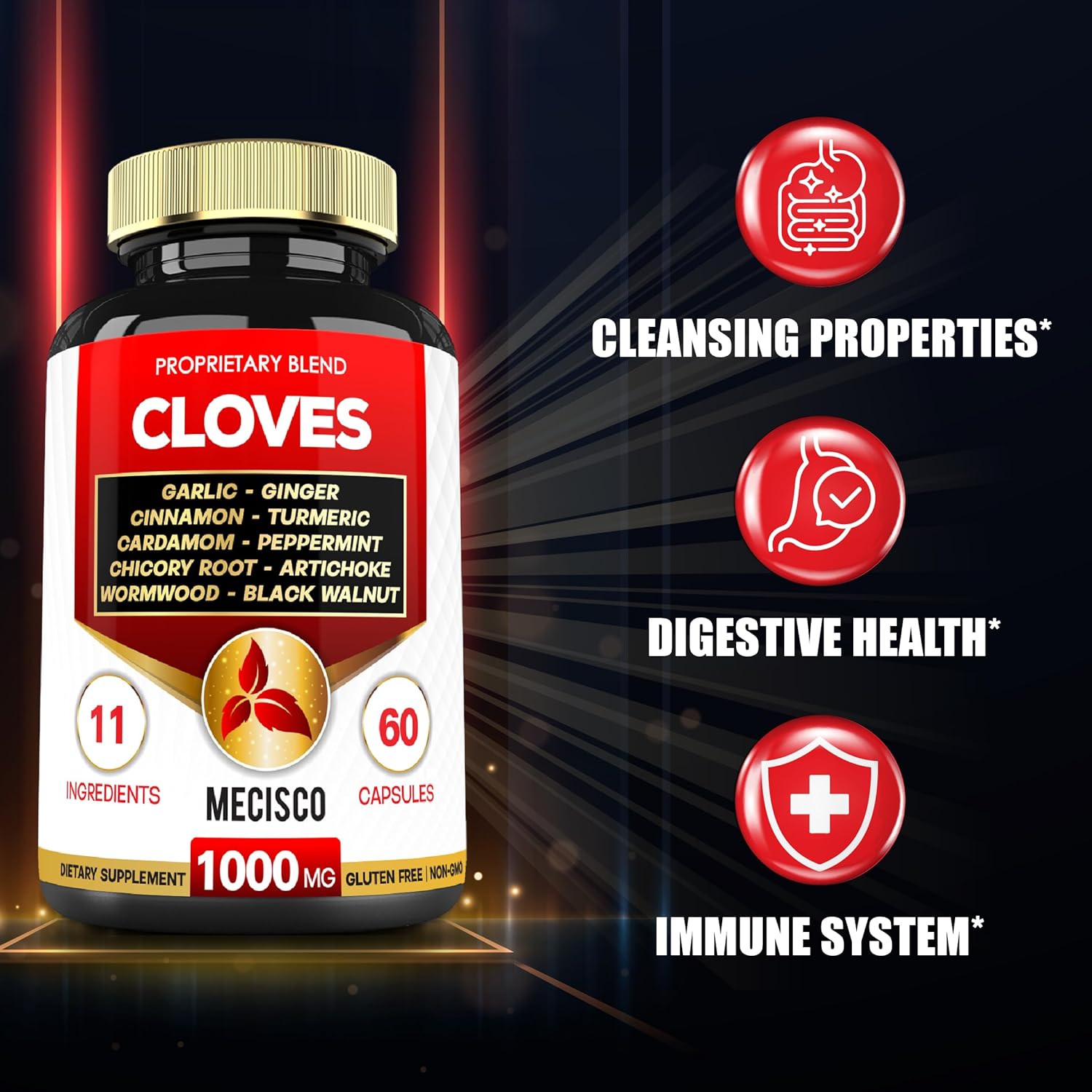 11in1 Clove Supplement with Cinnamon, Turmeric, Ginger, Cardamom, Garlic, Wormwood, Black Walnut - 60 Capsules for Digestive, Immune, Bone & Heart Health