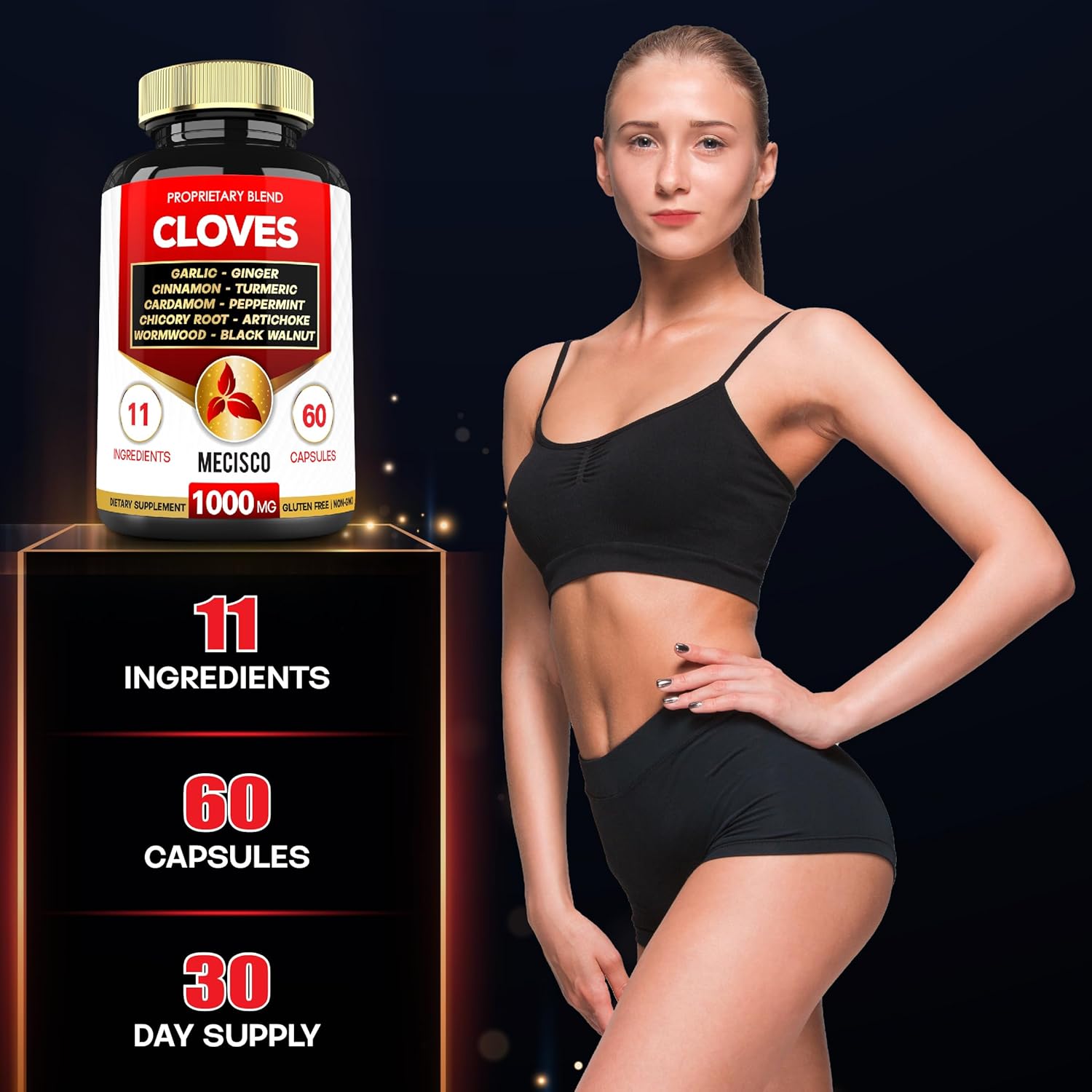 11in1 Clove Supplement with Cinnamon, Turmeric, Ginger, Cardamom, Garlic, Wormwood, Black Walnut - 60 Capsules for Digestive, Immune, Bone & Heart Health