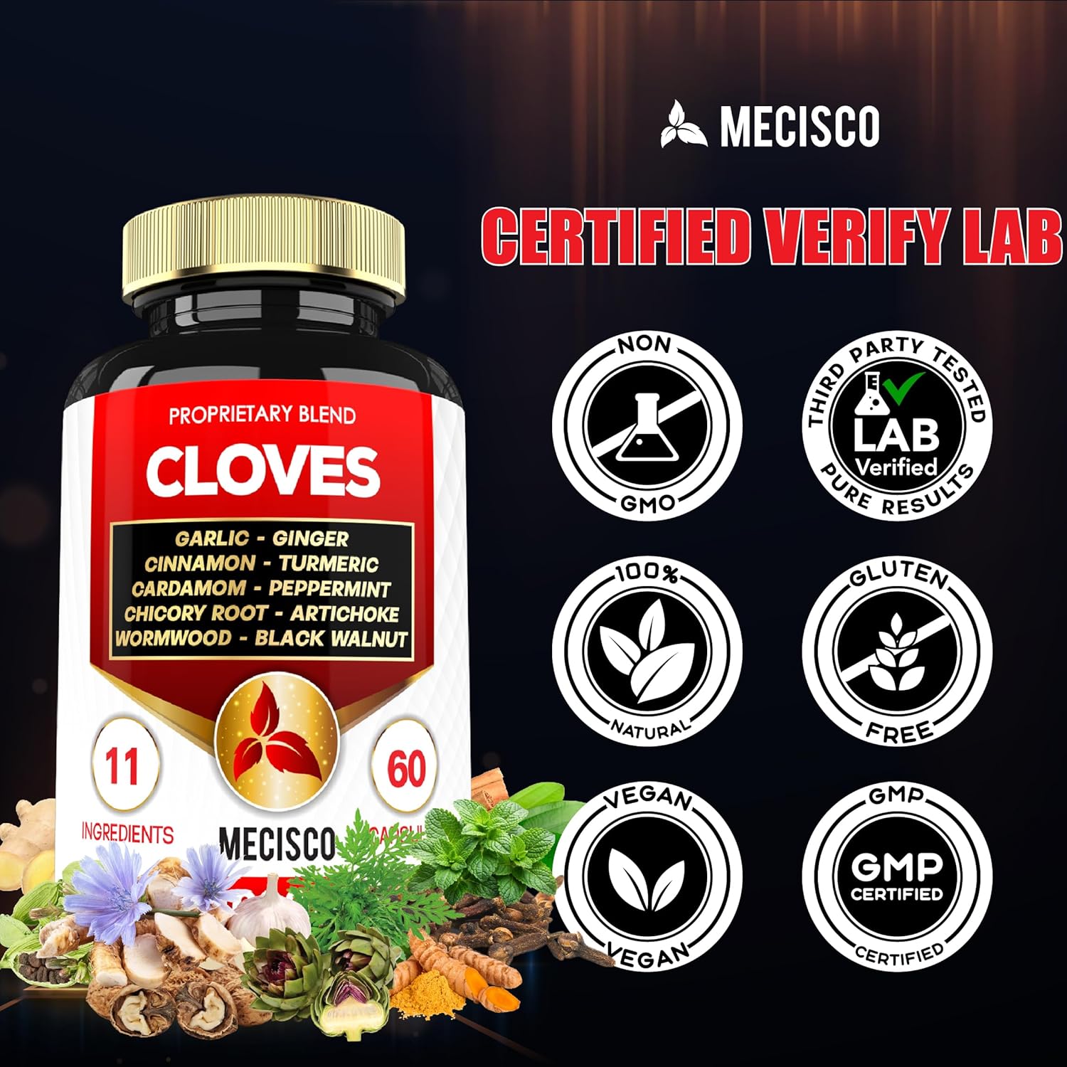 11in1 Clove Supplement with Cinnamon, Turmeric, Ginger, Cardamom, Garlic, Wormwood, Black Walnut - 60 Capsules for Digestive, Immune, Bone & Heart Health