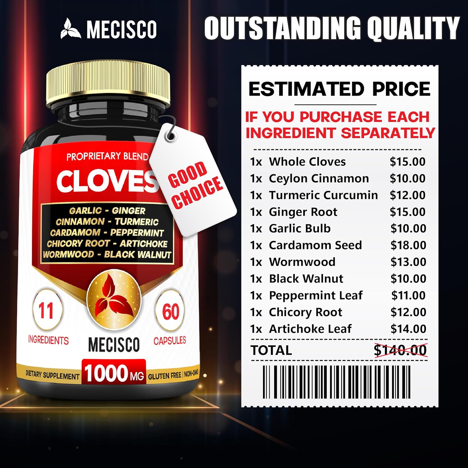 11in1 Clove Supplement with Cinnamon, Turmeric, Ginger, Cardamom, Garlic, Wormwood, Black Walnut - 60 Capsules for Digestive, Immune, Bone & Heart Health