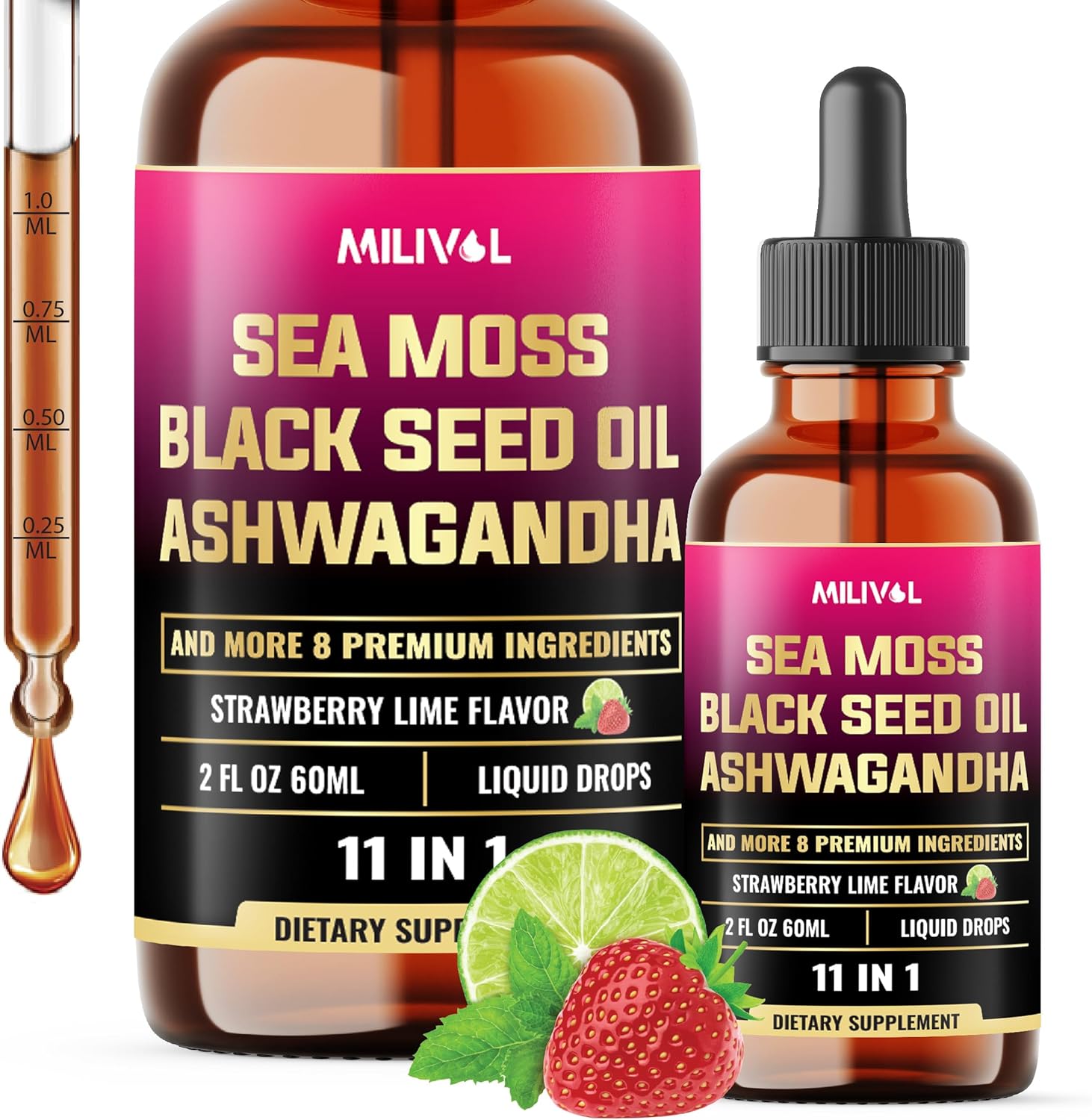 11in1 Sea Moss Liquid Drops with Black Seed Oil, Ashwagandha & More - Immune, Skin, Digestion Supplement - 2 Fl Oz - 60 Day Supply