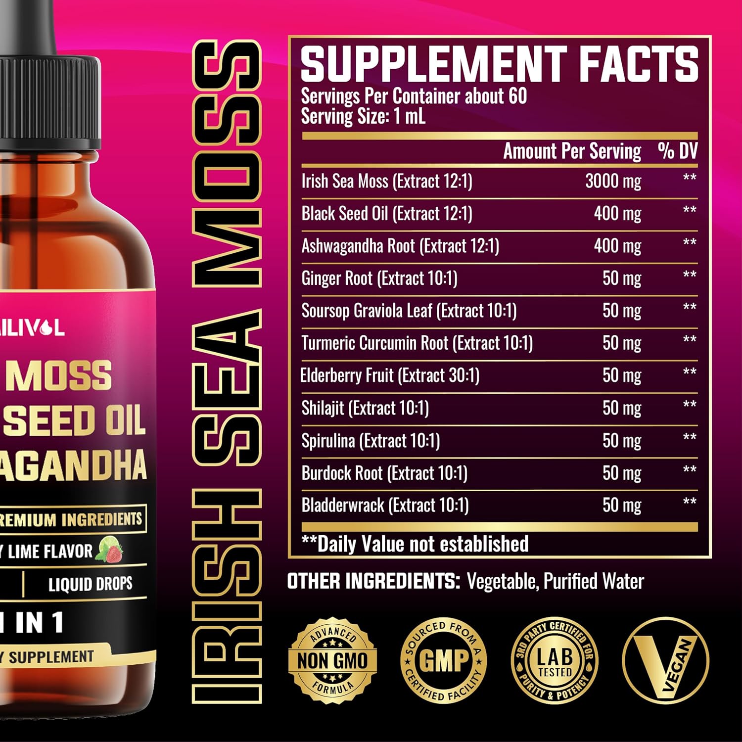 11in1 Sea Moss Liquid Drops with Black Seed Oil, Ashwagandha & More - Immune, Skin, Digestion Supplement - 2 Fl Oz - 60 Day Supply
