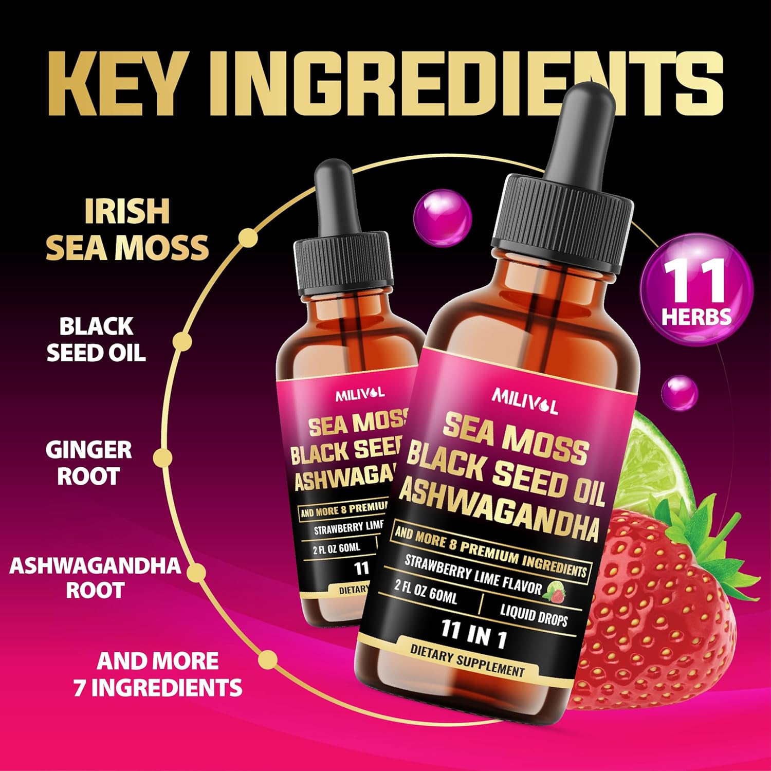 11in1 Sea Moss Liquid Drops with Black Seed Oil, Ashwagandha & More - Immune, Skin, Digestion Supplement - 2 Fl Oz - 60 Day Supply