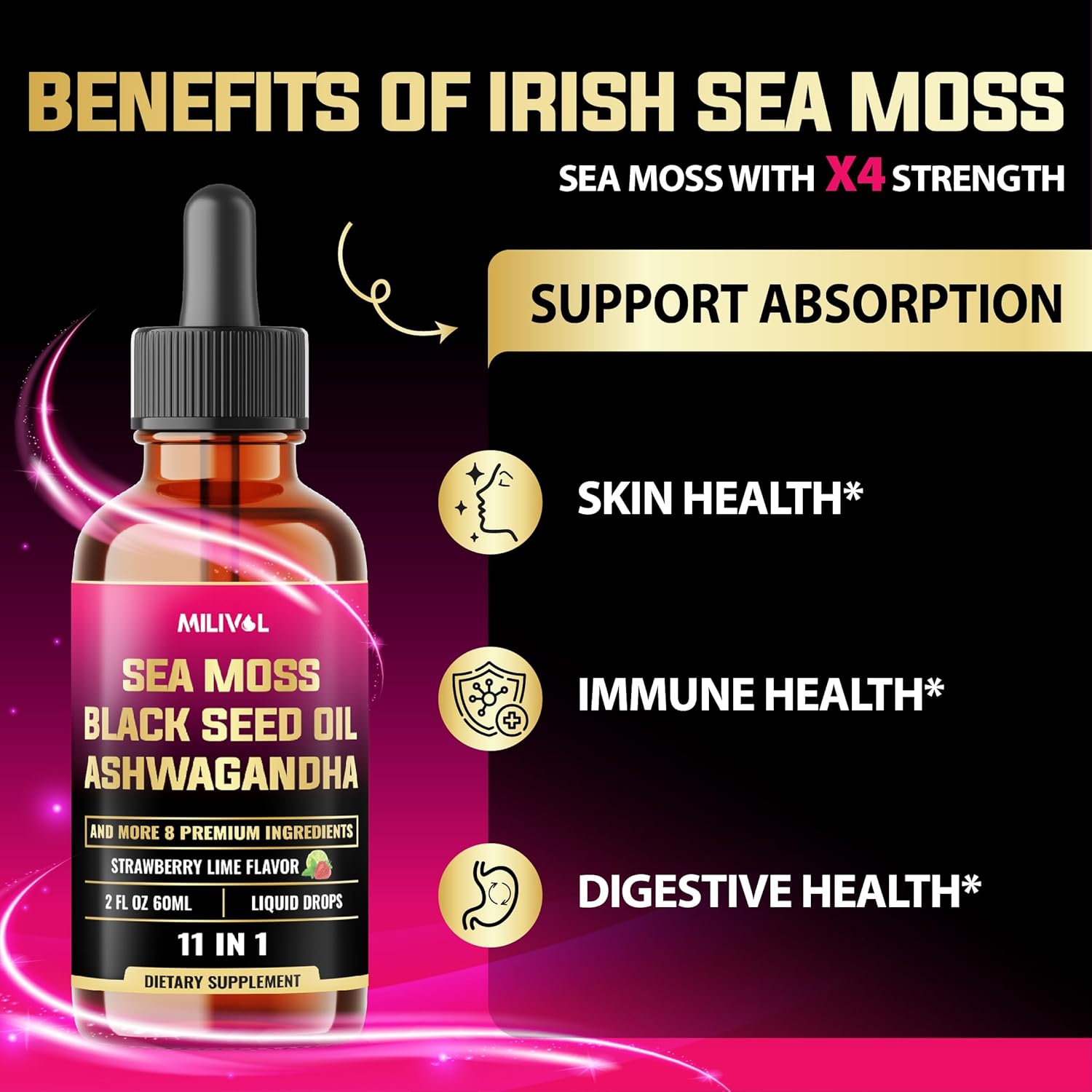 11in1 Sea Moss Liquid Drops with Black Seed Oil, Ashwagandha & More - Immune, Skin, Digestion Supplement - 2 Fl Oz - 60 Day Supply