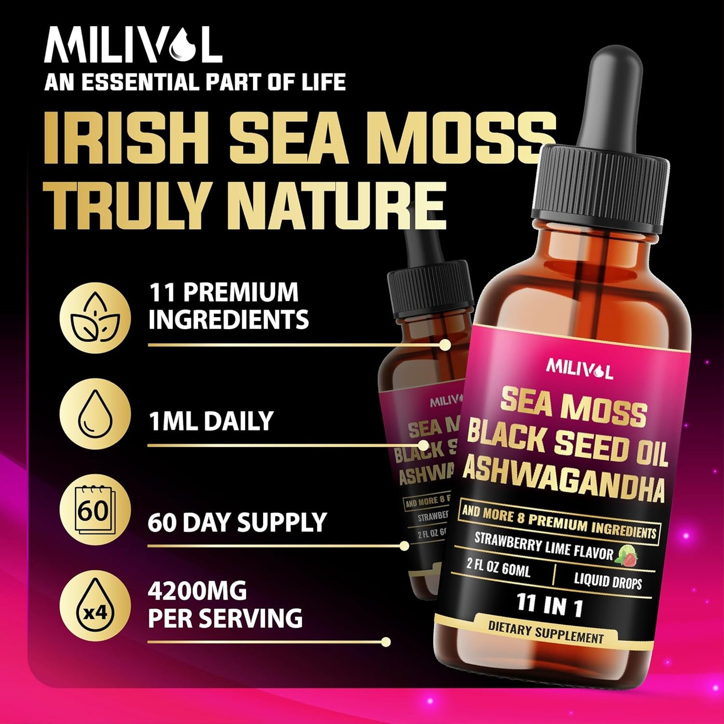 11in1 Sea Moss Liquid Drops with Black Seed Oil, Ashwagandha & More - Immune, Skin, Digestion Supplement - 2 Fl Oz - 60 Day Supply