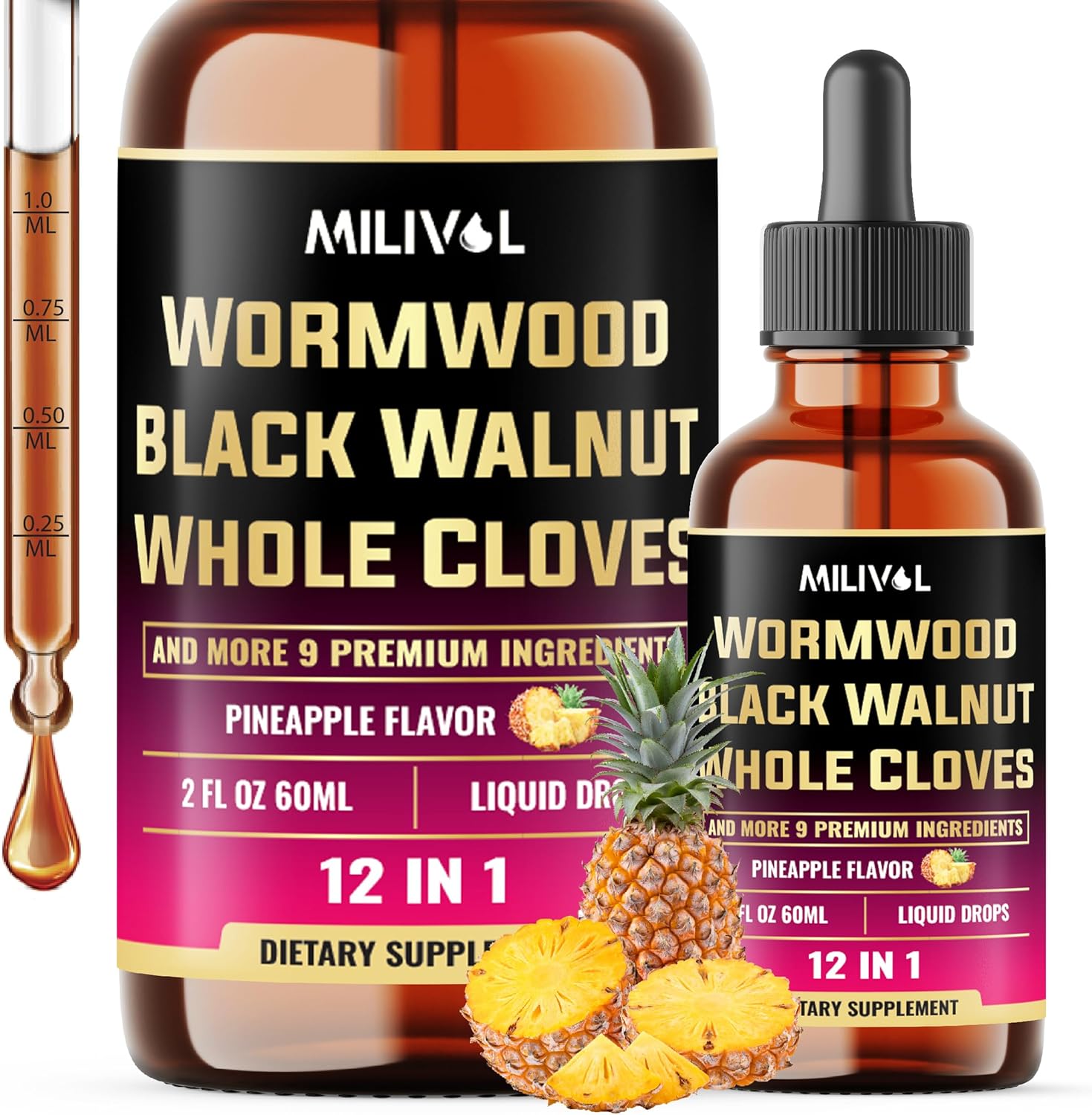 11in1 Wormwood Liquid Drops with Black Walnut, Cloves, Vitamin C-D3 - 2 Fl Oz - Pineapple Flavor