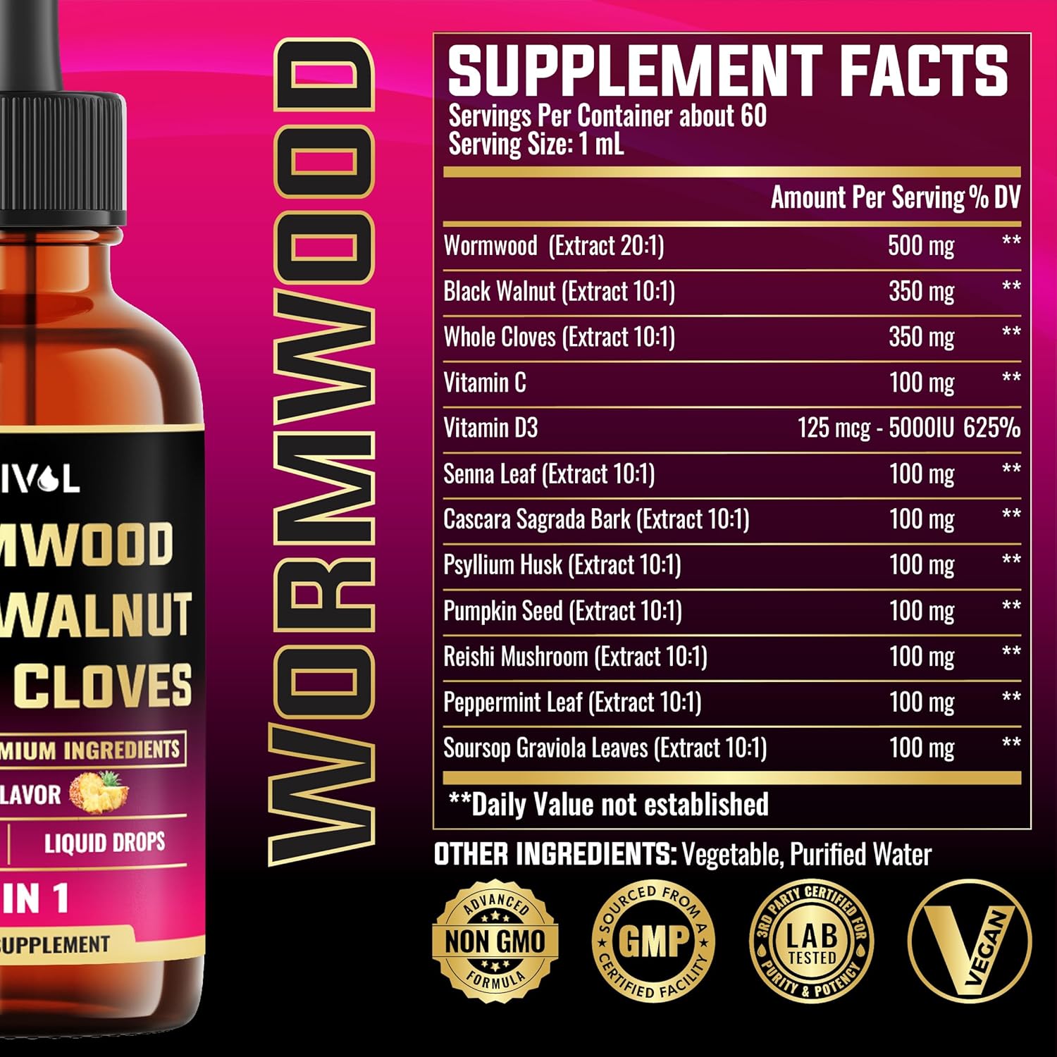 11in1 Wormwood Liquid Drops with Black Walnut, Cloves, Vitamin C-D3 - 2 Fl Oz - Pineapple Flavor