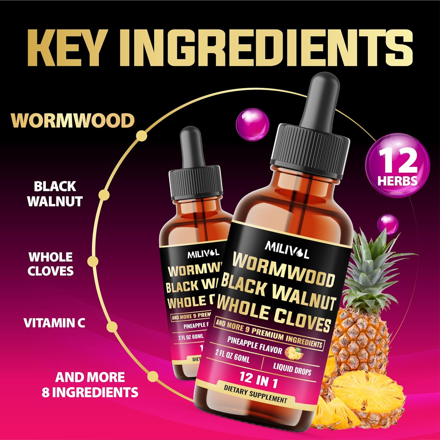11in1 Wormwood Liquid Drops with Black Walnut, Cloves, Vitamin C-D3 - 2 Fl Oz - Pineapple Flavor