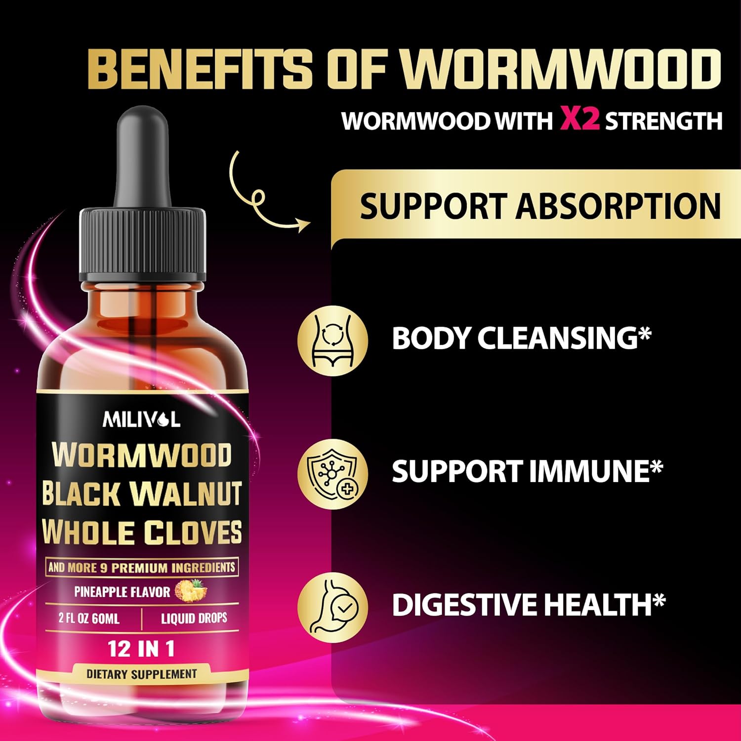 11in1 Wormwood Liquid Drops with Black Walnut, Cloves, Vitamin C-D3 - 2 Fl Oz - Pineapple Flavor