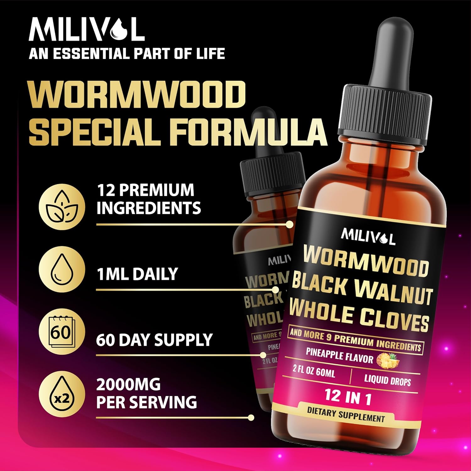 11in1 Wormwood Liquid Drops with Black Walnut, Cloves, Vitamin C-D3 - 2 Fl Oz - Pineapple Flavor