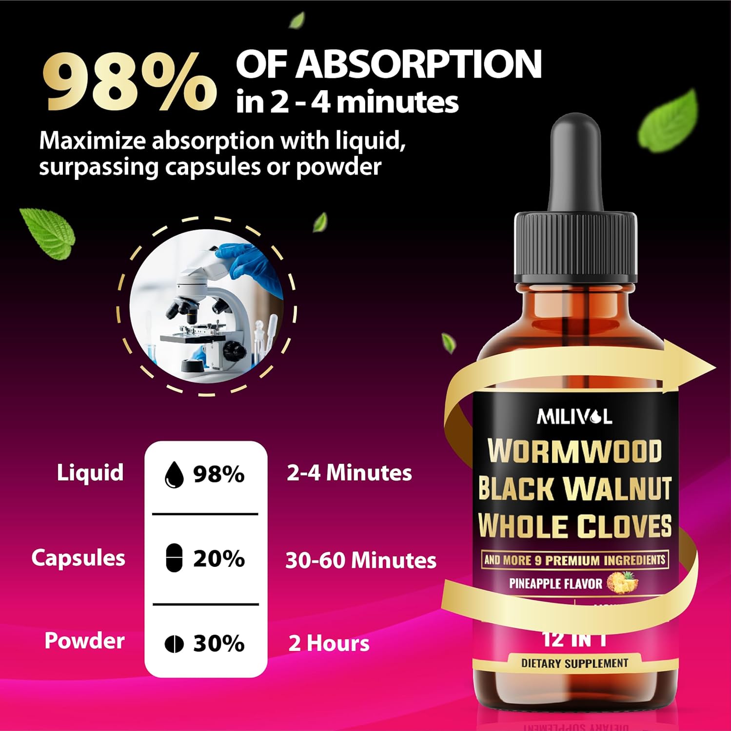 11in1 Wormwood Liquid Drops with Black Walnut, Cloves, Vitamin C-D3 - 2 Fl Oz - Pineapple Flavor