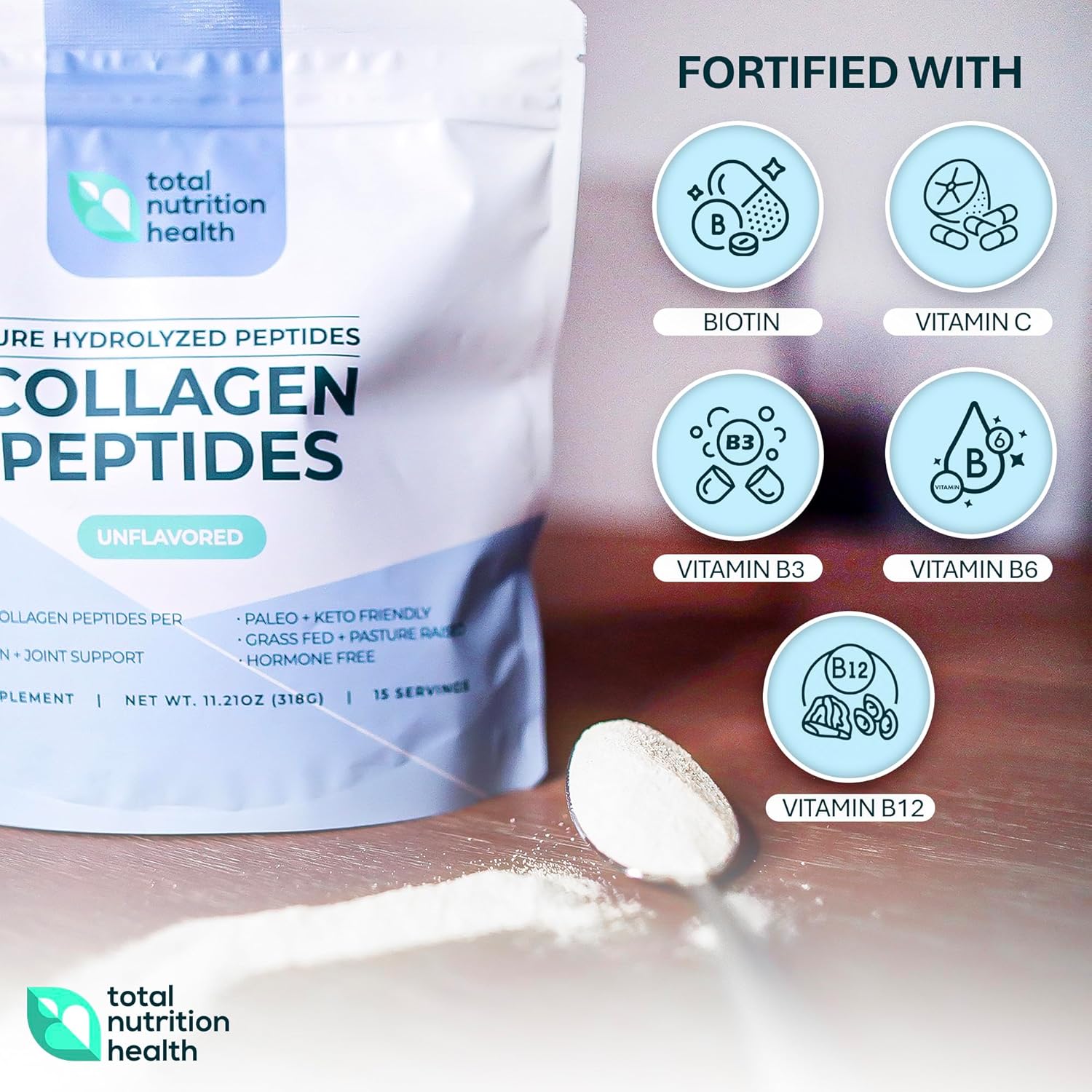 11oz Unflavored Collagen Peptides Powder for Hair, Skin, and Joint Support - Grass Fed Protein with Vitamin C, B3, B6, B12, Biotin - Non-GMO, Sugar-Free