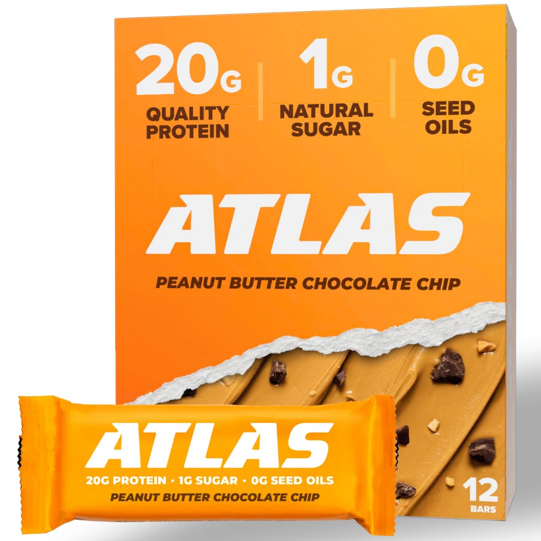 12-Count Atlas Protein Bar - Peanut Butter Chocolate Chip Flavor - 20g Protein, 1g Sugar - Clean, Gluten-Free Ingredients