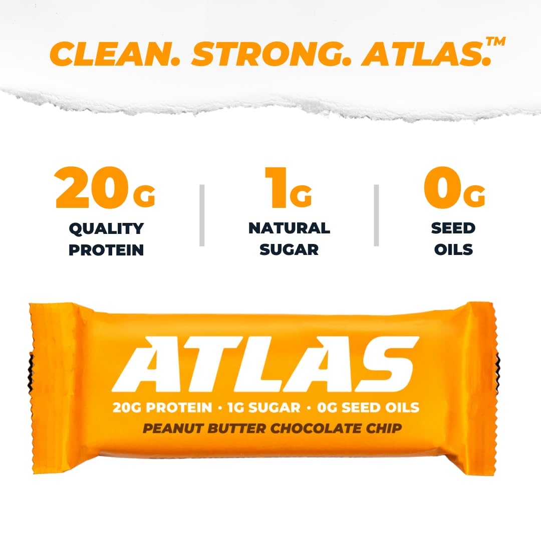 12-Count Atlas Protein Bar - Peanut Butter Chocolate Chip Flavor - 20g Protein, 1g Sugar - Clean, Gluten-Free Ingredients