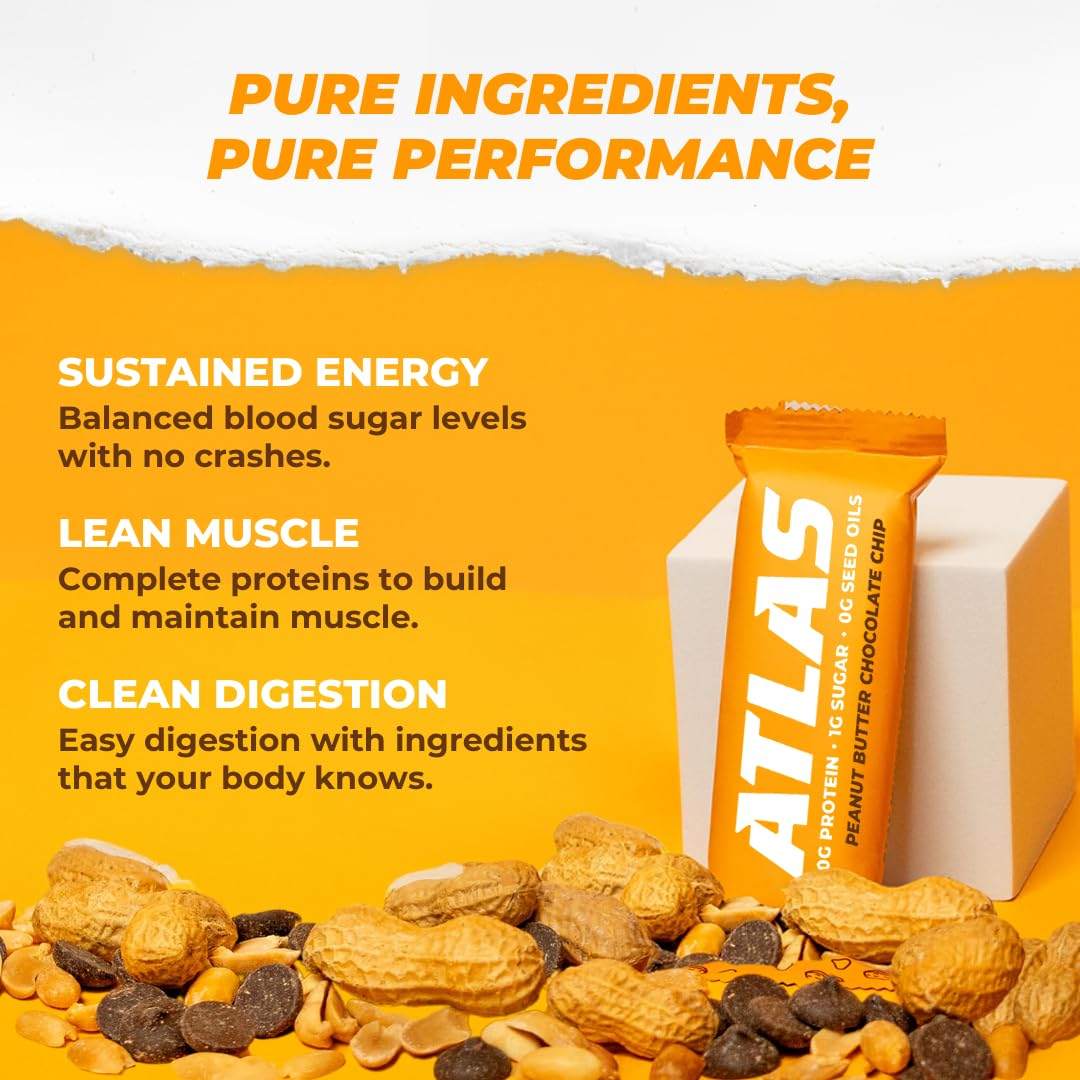 12-Count Atlas Protein Bar - Peanut Butter Chocolate Chip Flavor - 20g Protein, 1g Sugar - Clean, Gluten-Free Ingredients