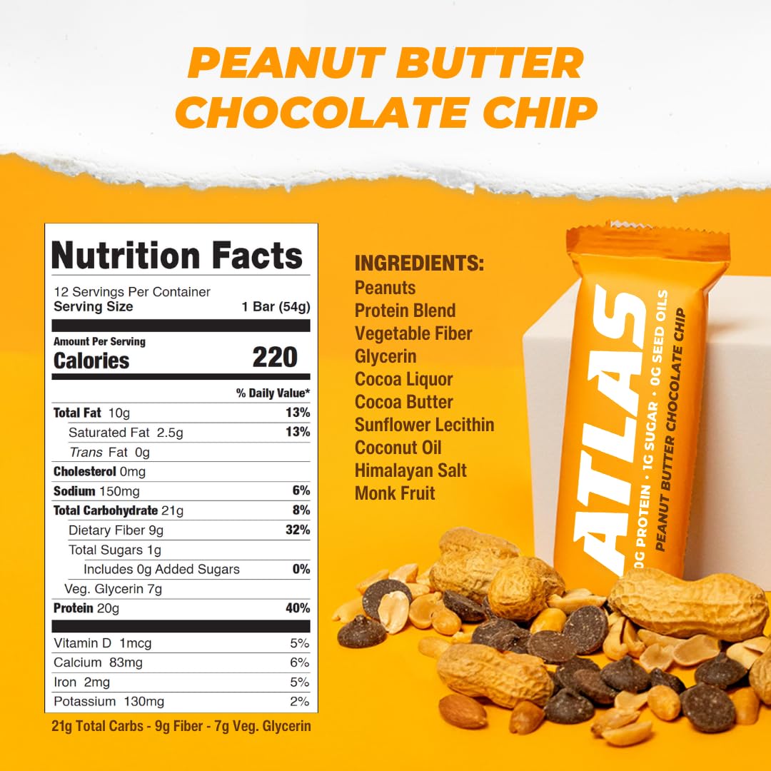 12-Count Atlas Protein Bar - Peanut Butter Chocolate Chip Flavor - 20g Protein, 1g Sugar - Clean, Gluten-Free Ingredients