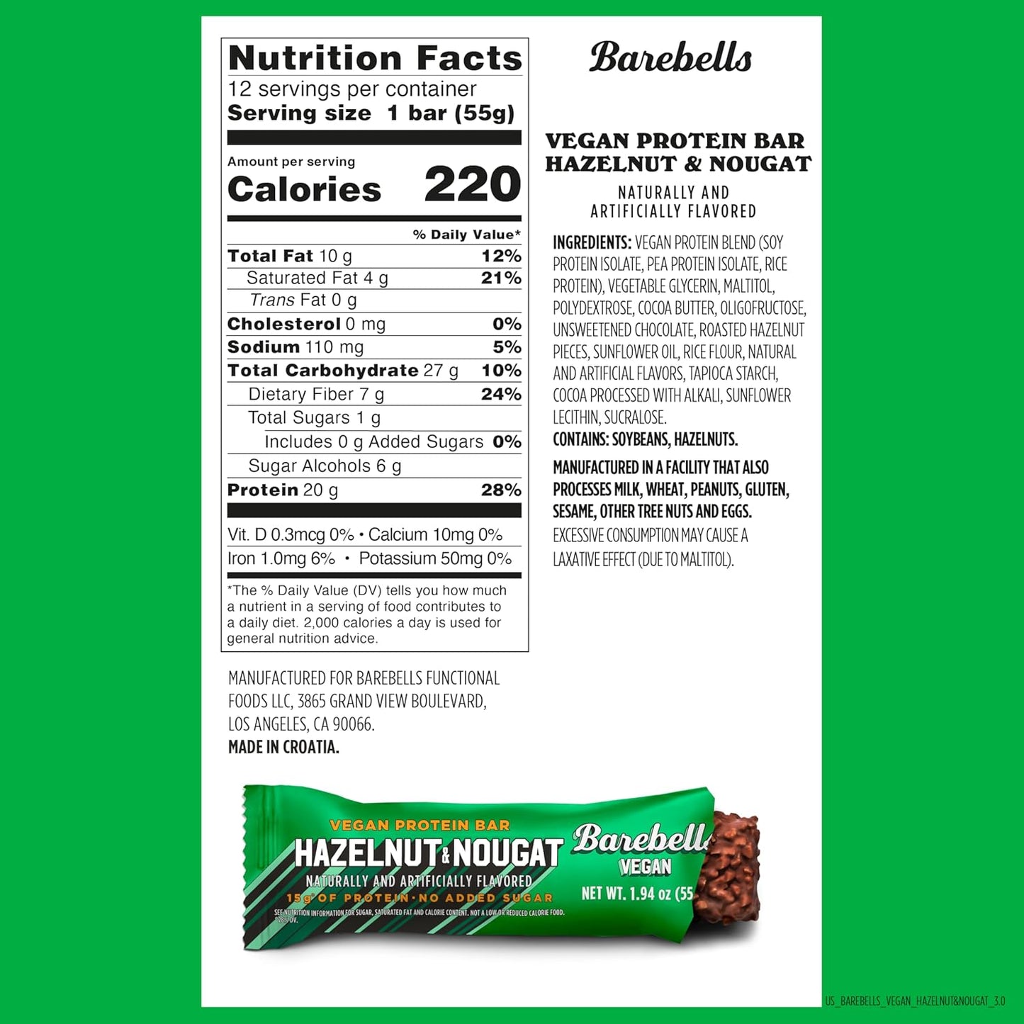 12 Count Barebells Vegan Hazelnut & Nougat Protein Bars - 1.9oz Bars with 15g Plant Based Protein - Low Sugar Chocolate Snacks for Ideal Energy Support