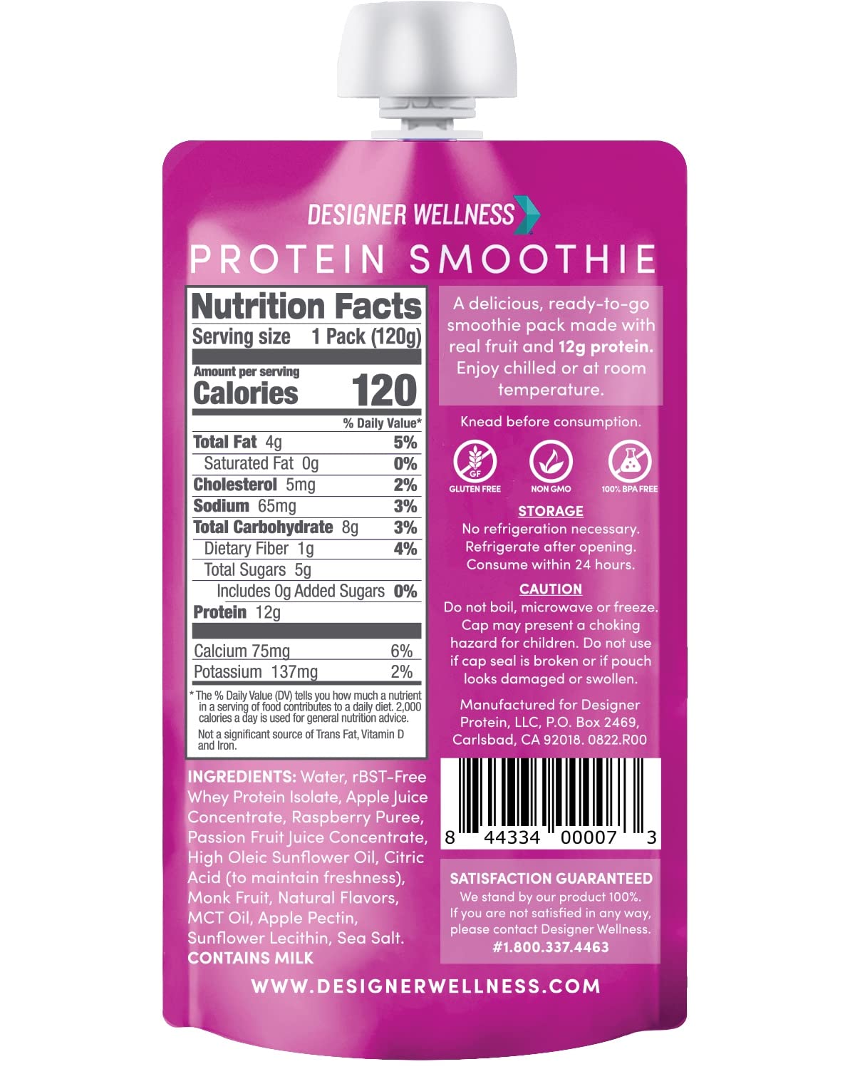 12-Count Designer Wellness Protein Smoothie with Real Fruit, 12g Protein, Low Carb, Zero Added Sugar, Gluten-Free, Non-GMO, Raspberry Passion Fruit Flavor