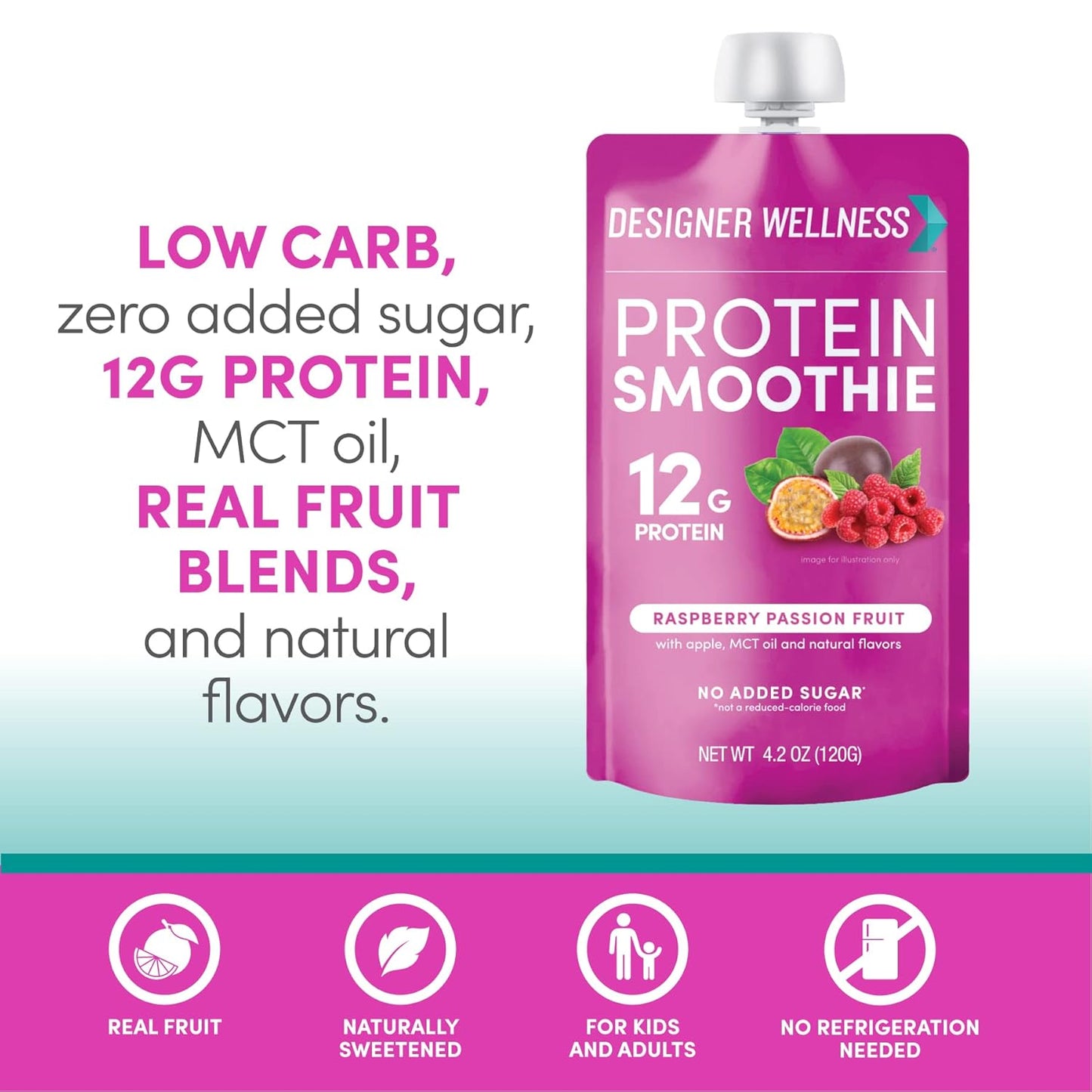 12-Count Designer Wellness Protein Smoothie with Real Fruit, 12g Protein, Low Carb, Zero Added Sugar, Gluten-Free, Non-GMO, Raspberry Passion Fruit Flavor