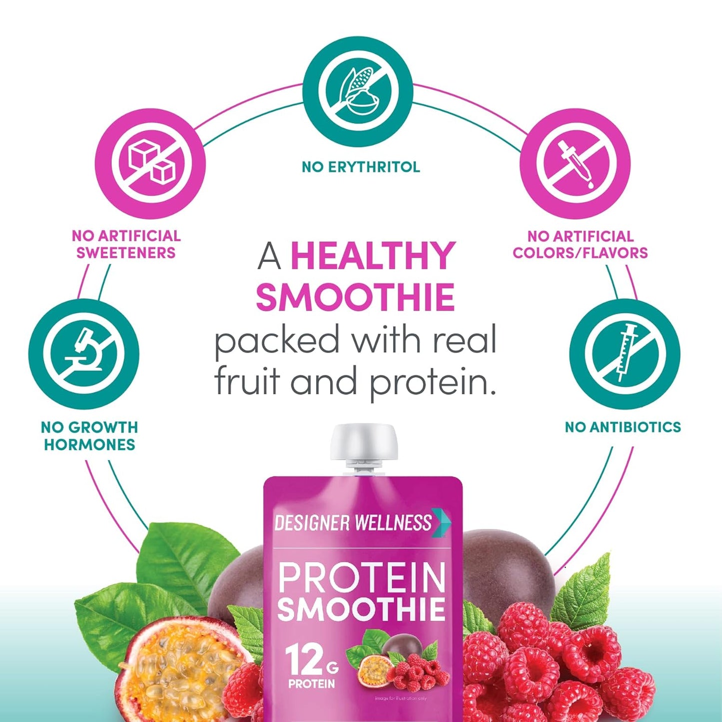 12-Count Designer Wellness Protein Smoothie with Real Fruit, 12g Protein, Low Carb, Zero Added Sugar, Gluten-Free, Non-GMO, Raspberry Passion Fruit Flavor