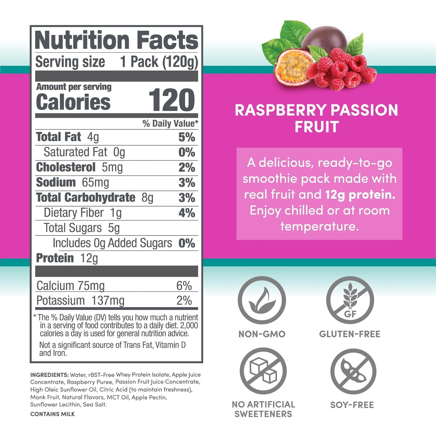 12-Count Designer Wellness Protein Smoothie with Real Fruit, 12g Protein, Low Carb, Zero Added Sugar, Gluten-Free, Non-GMO, Raspberry Passion Fruit Flavor